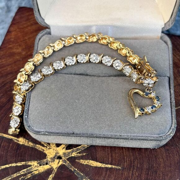 Vintage Heart Charm Tennis Bracelet Sterling Silver Gold Plated Jewelry - Picture 1 of 10